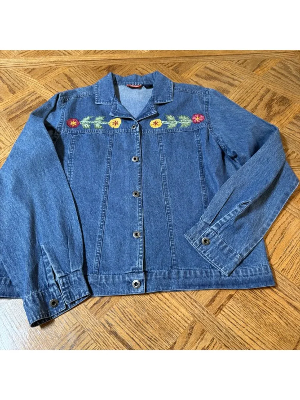Floral Embroidered Denim Jumper Dress & Button-Up Jacket Set Large Cotton - Picture 9 of 13